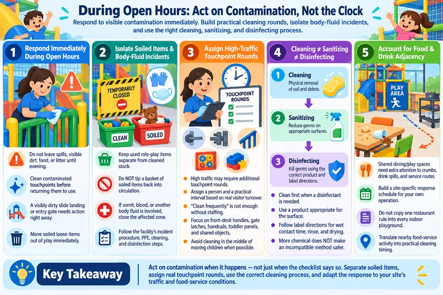 indoor playground contamination response, playground open hours cleaning, body fluid incident management, playground high-traffic touchpoint cleaning, cleaning vs sanitizing, playground food area hygiene, playground spill management