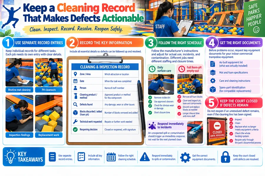 Trampoline park cleaning inspection record guide with defect tracking and return-to-service protocols for commercial indoor play facility maintenance