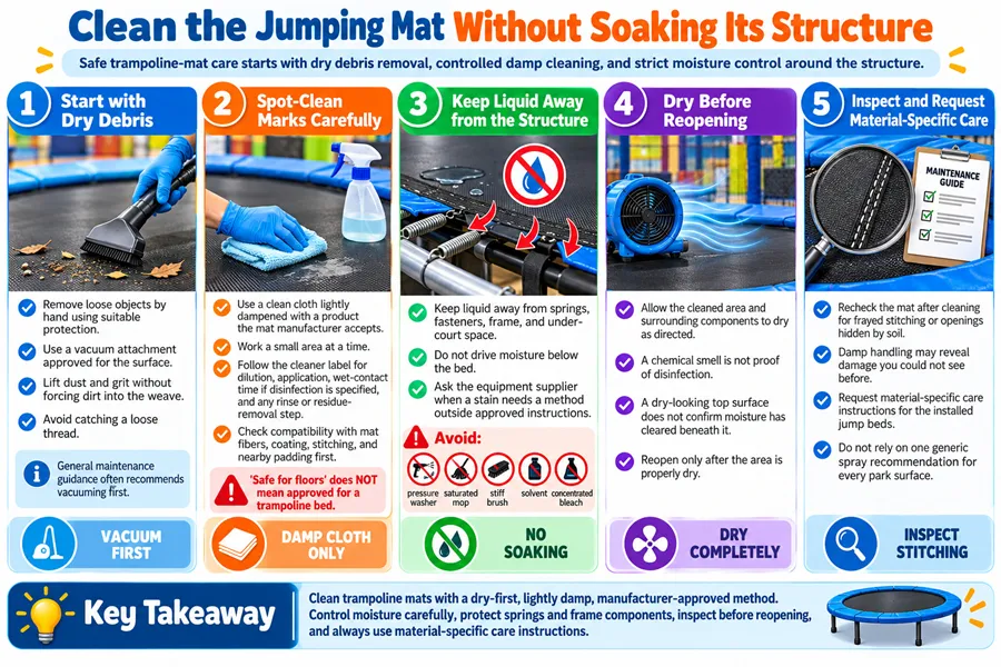 Trampoline jump mat safe cleaning guide with dry vacuuming damp wiping and moisture control for commercial indoor playground equipment maintenance