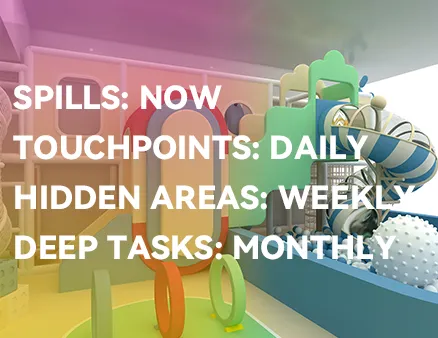 indoor playground cleaning schedule, playground spill response, daily playground cleaning, weekly hidden area cleaning, monthly deep maintenance, playground hygiene routine