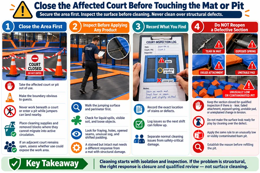 Trampoline court safety closure and inspection maintenance guide with structural damage protocols for commercial indoor jump park foam pit and mat cleaning