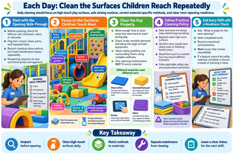 indoor playground daily cleaning, high-touch play surface cleaning, playground opening walk-through, playground closing routine, material-specific playground cleaning, vinyl playground care, foam play equipment cleaning, playground shift readiness check