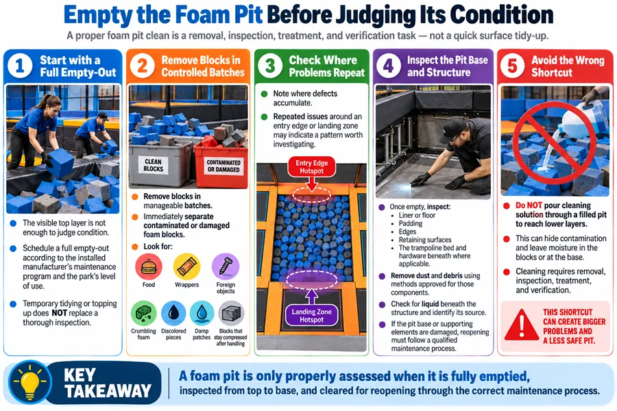 Foam pit full empty inspection and cleaning guide with batch block removal and base assessment protocols for commercial indoor trampoline park maintenance