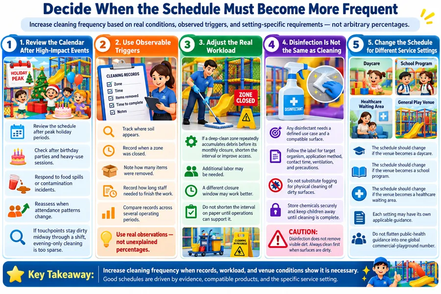 cleaning frequency increase, high-impact playground events, playground cleaning workload adjustment, disinfection vs cleaning, setting-specific cleaning requirements, commercial playground cleaning, daycare playground hygiene, playground cleaning schedule review