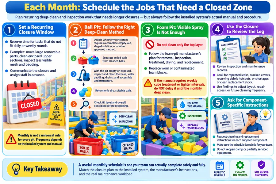 monthly playground deep clean, closed zone playground maintenance, ball pit deep cleaning method, foam pit cleaning, playground maintenance log review, play system manual compliance, playground debris hotspot identification, component-specific cleaning instructions