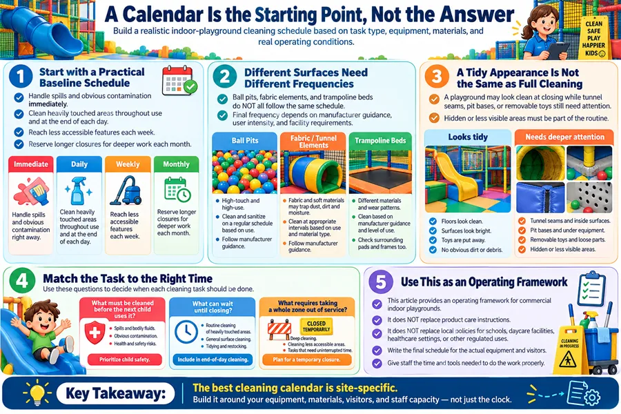 indoor playground cleaning schedule, playground cleaning frequency, ball pit cleaning, trampoline bed cleaning, fabric tunnel maintenance, playground deep cleaning, high-touch area cleaning, playground child safety