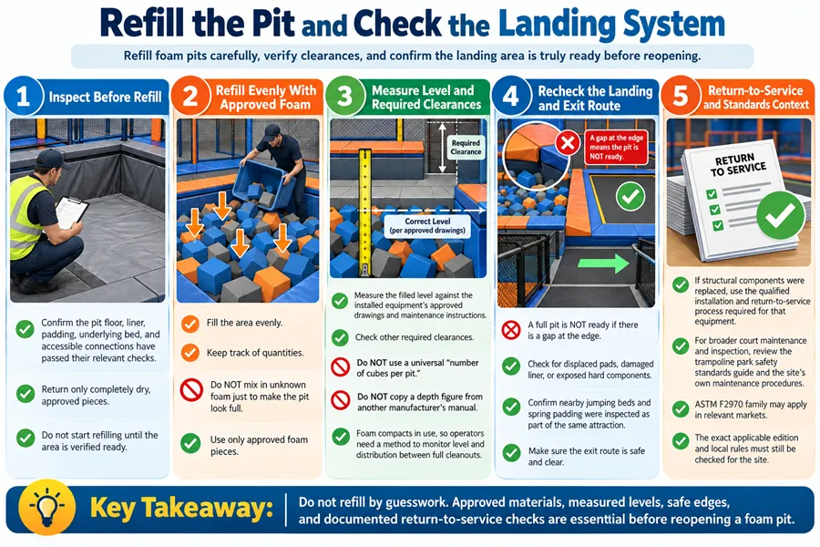 Foam pit refill and landing system safety check guide with clearance verification and return-to-service protocols for commercial indoor trampoline park maintenance