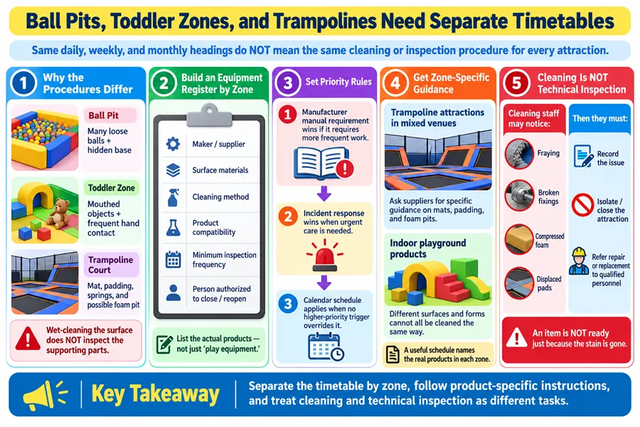 ball pit cleaning schedule, toddler zone maintenance, trampoline cleaning procedures, playground equipment register, zone-specific playground cleaning, playground technical inspection, manufacturer cleaning requirements, playground incident response priority