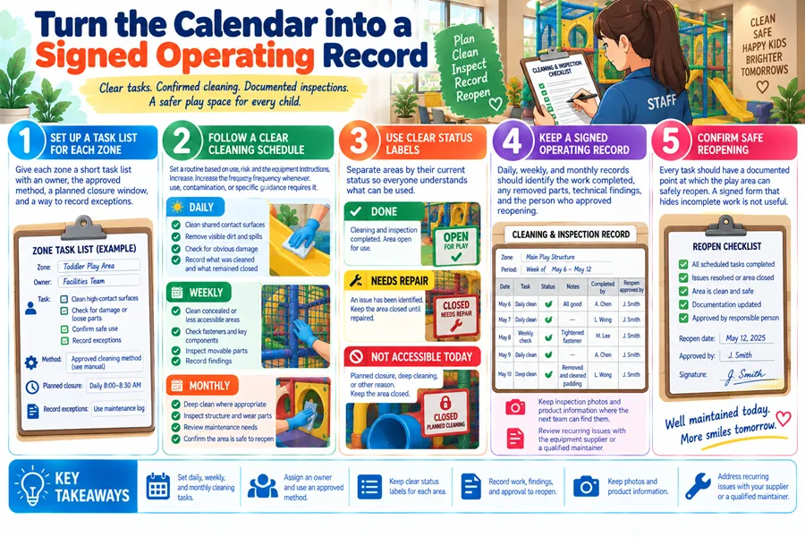 signed cleaning operating record, playground task list with owner, playground zone status labels, cleaning inspection documentation, playground reopen checklist, safety sign-off confirmation, daily weekly monthly cleaning records, playground safe reopening procedure