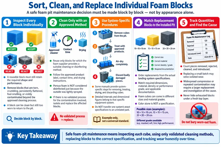 Foam pit individual block cleaning and replacement guide with block-by-block inspection density matching and maintenance tracking for commercial indoor trampoline park safety