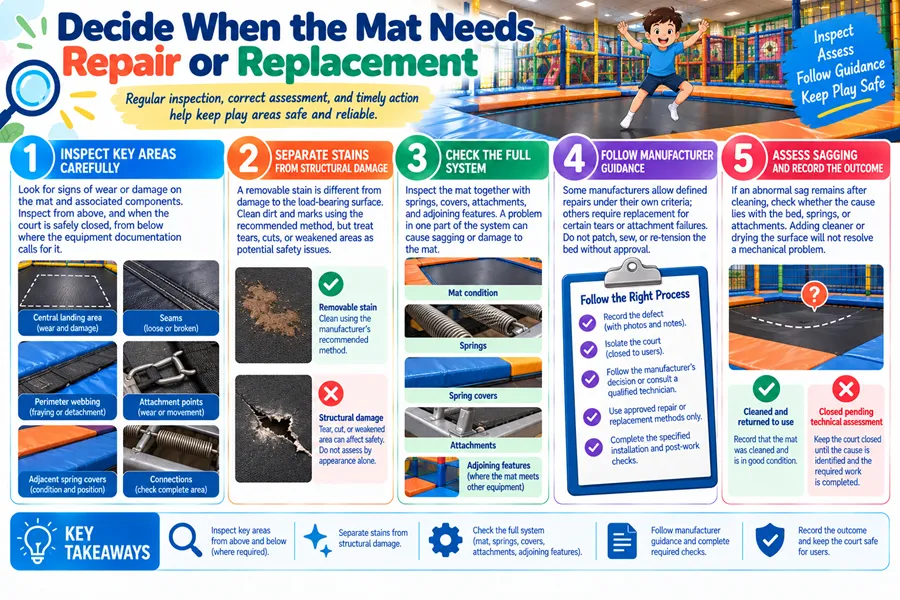 Trampoline mat repair and replacement assessment guide with structural damage inspection protocols for commercial indoor playground equipment maintenance
