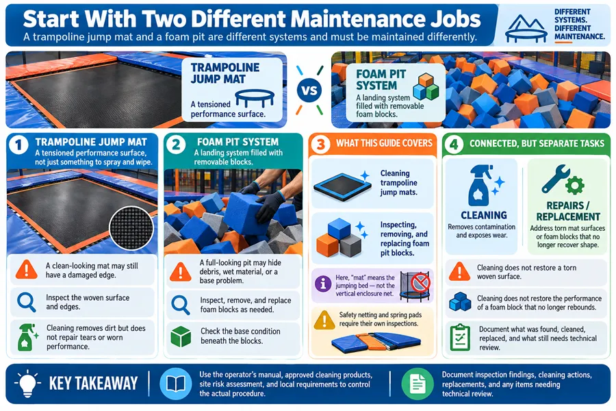 Trampoline park maintenance guide covering separate jump mat cleaning and foam pit block replacement procedures for commercial indoor play venues