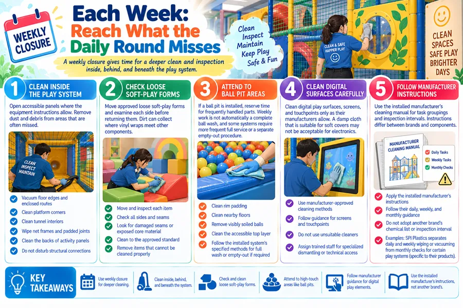 weekly playground closure, indoor playground deep cleaning, play system inspection, soft-play damage check, ball pit weekly cleaning, manufacturer-approved playground cleaning, hard-to-reach playground areas